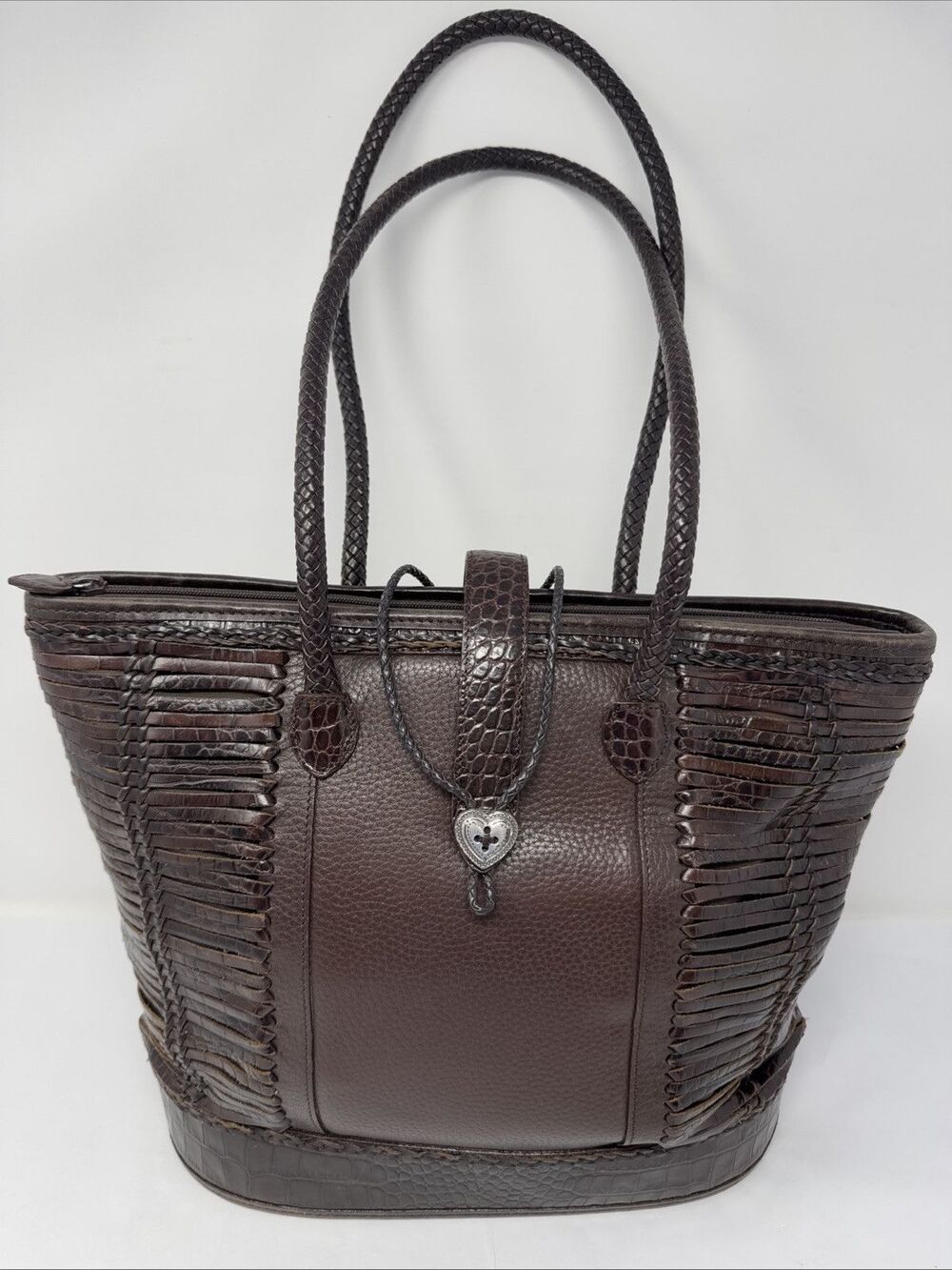 Brighton Brown Pebbled Leather Shoulder Bag w/2 Braided Handles Heart Closure